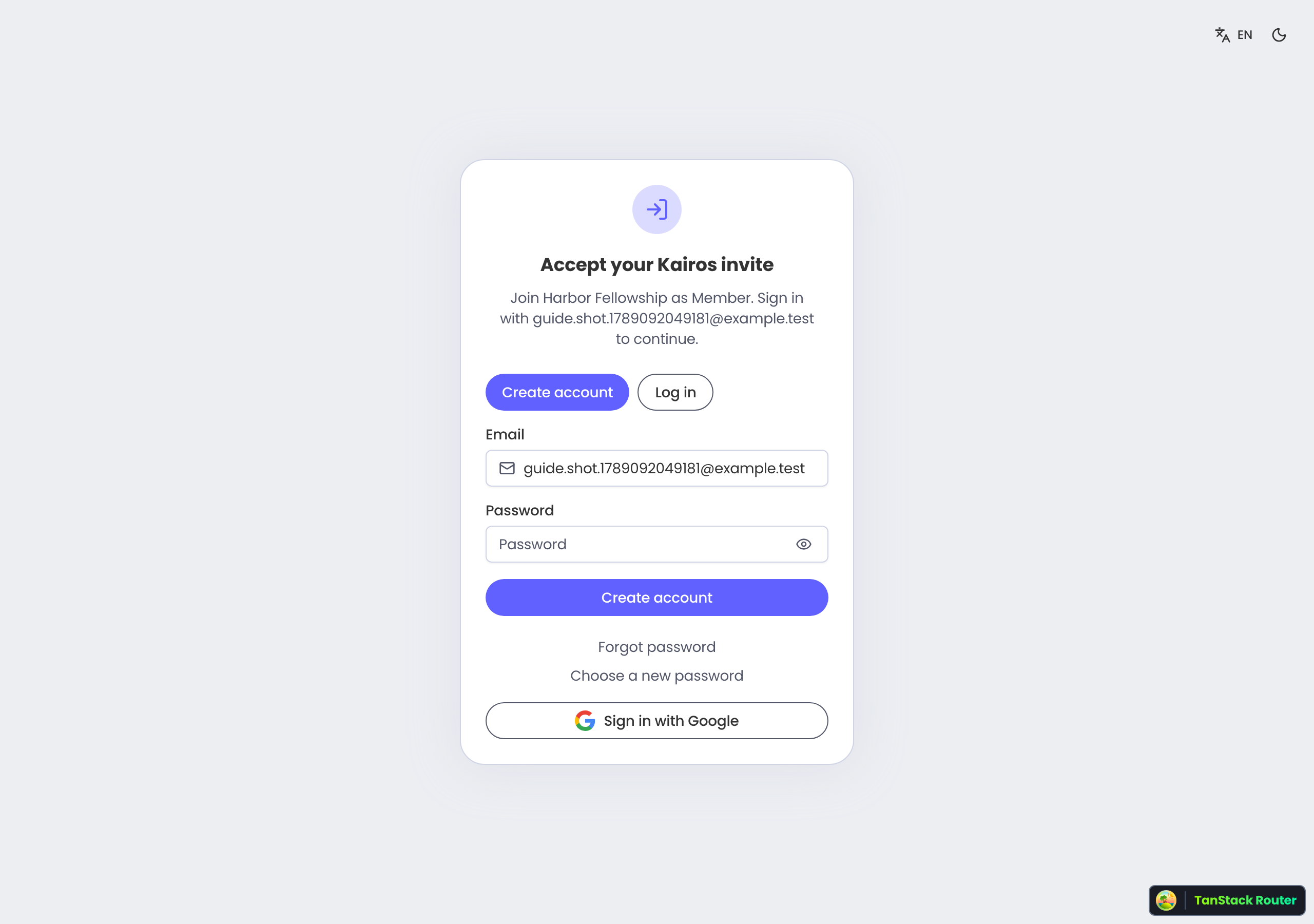 Accept invite page showing the church name, role, and sign-in or create-account form.