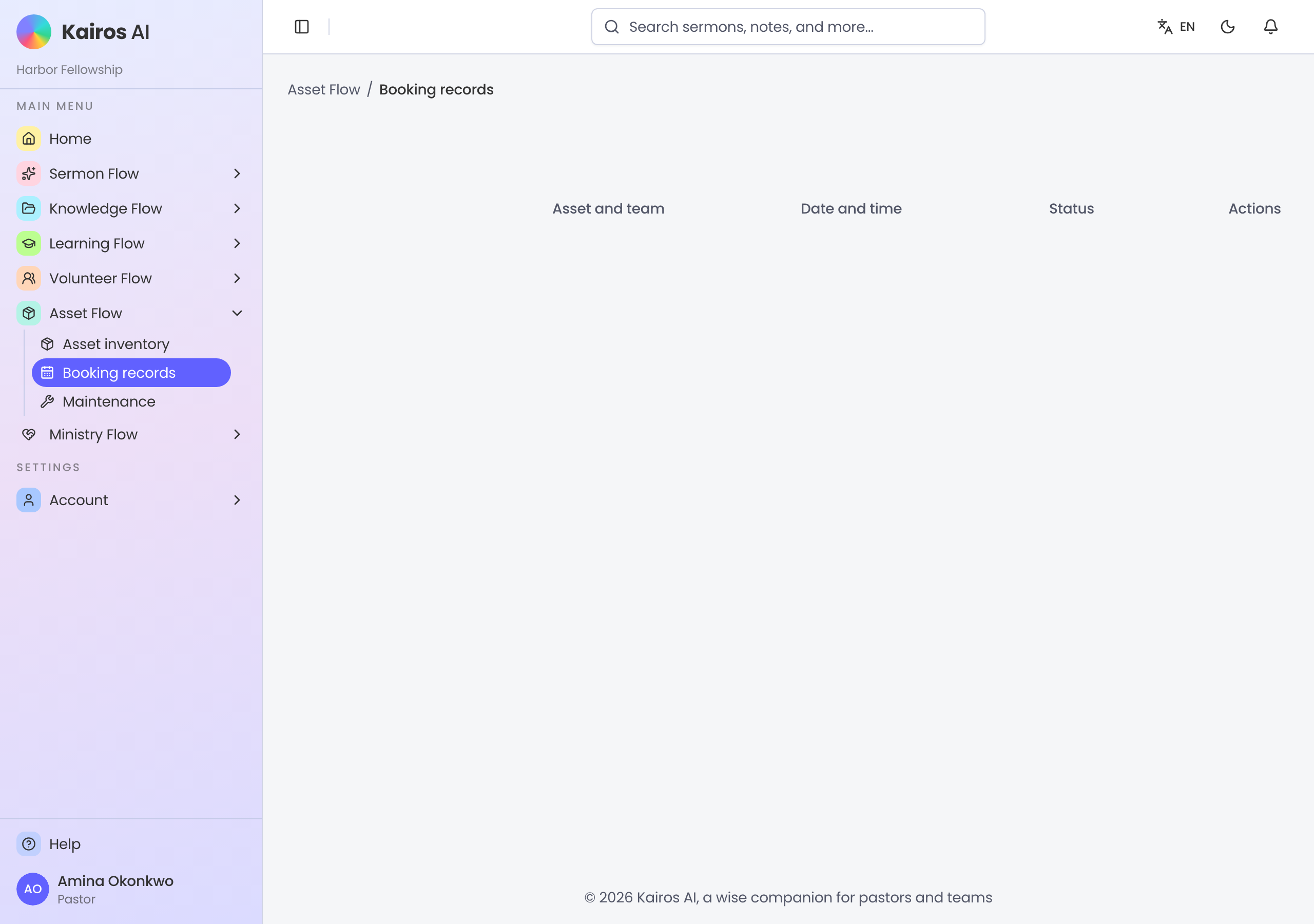 Booking records table with assets, parties, and statuses.