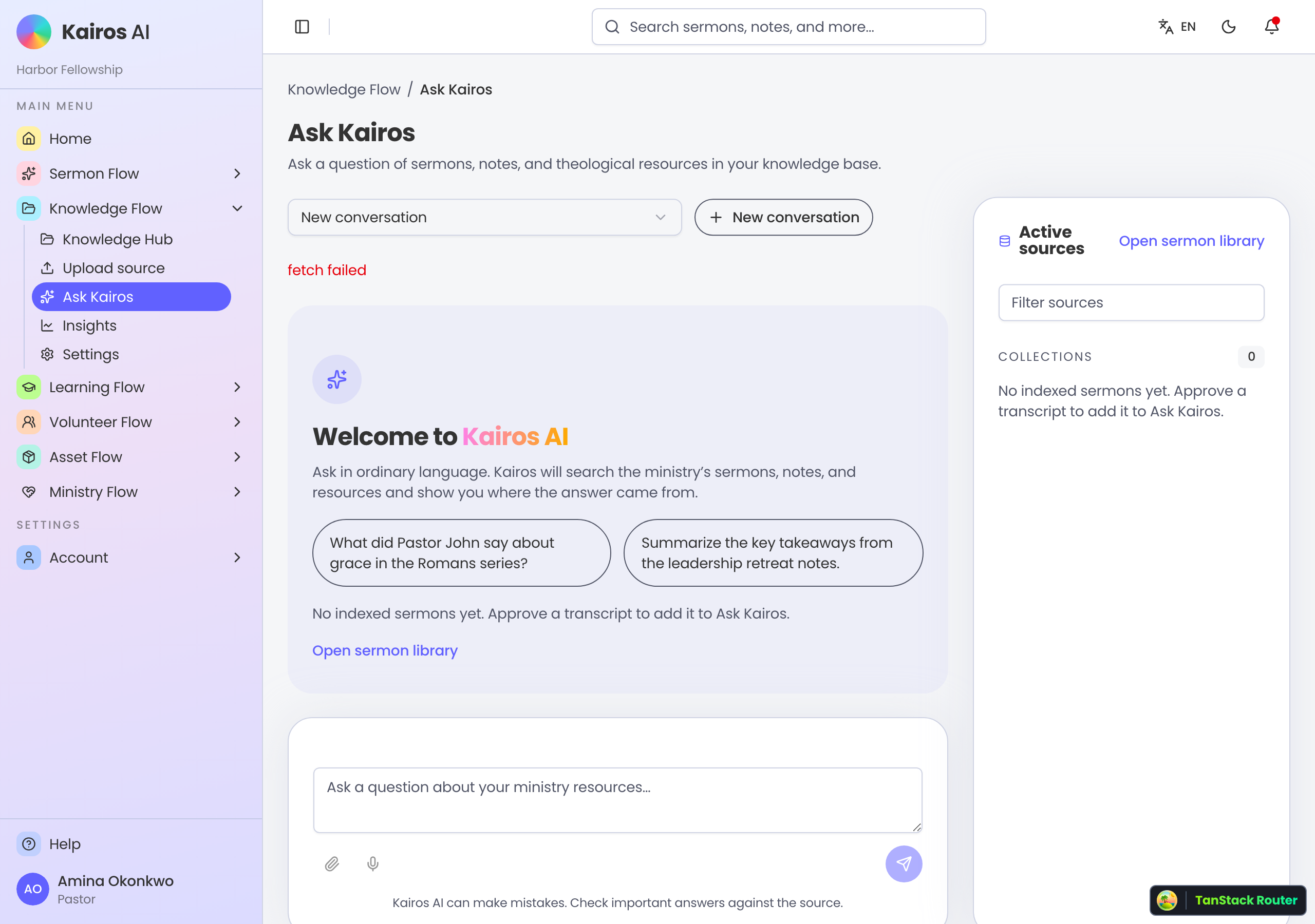 Ask Kairos chat with source filters and a conversation thread.