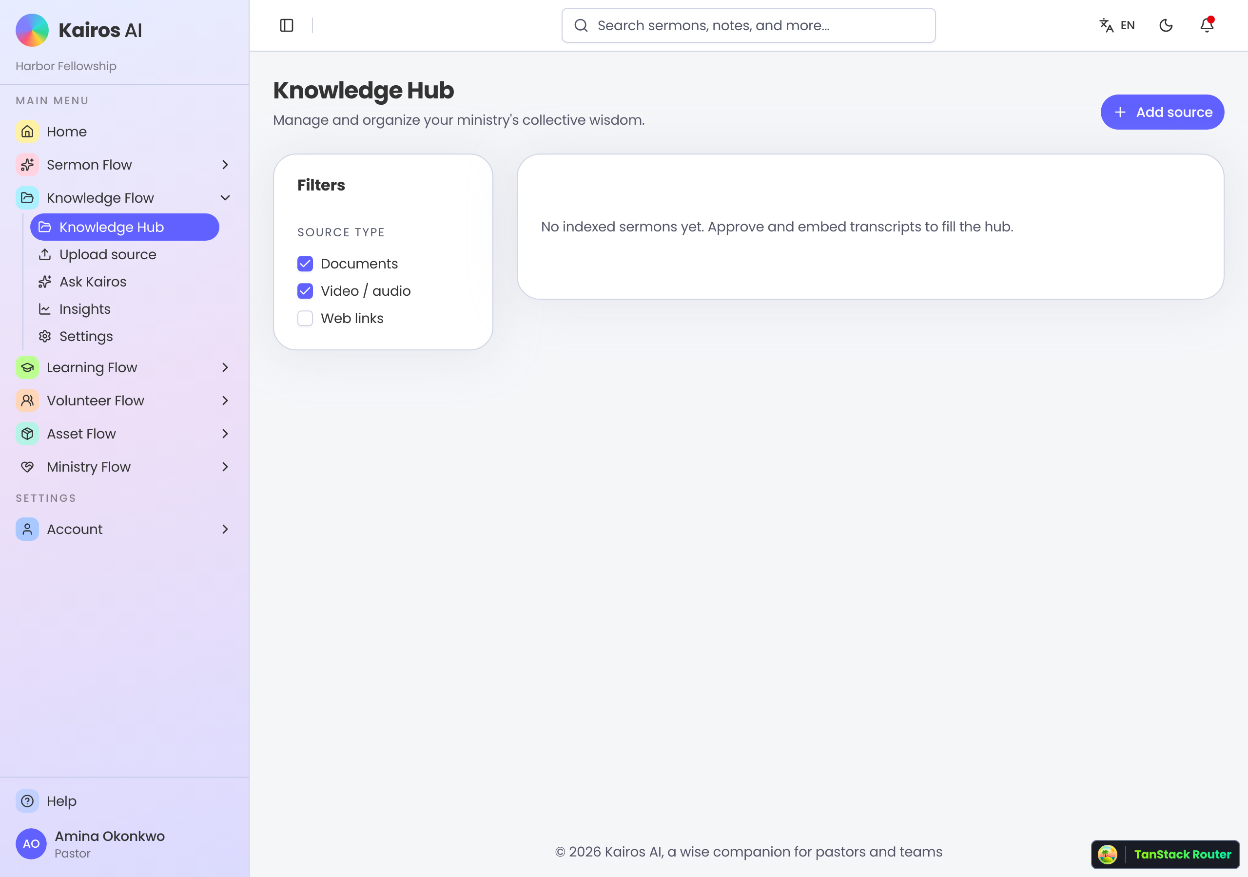 Knowledge Hub listing indexed sermon and document sources.