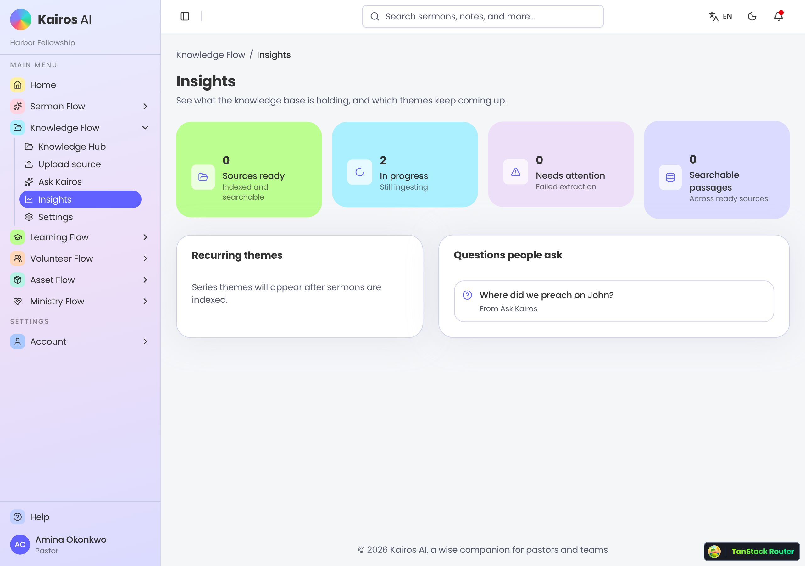 Knowledge Insights page with library KPI cards and themes.