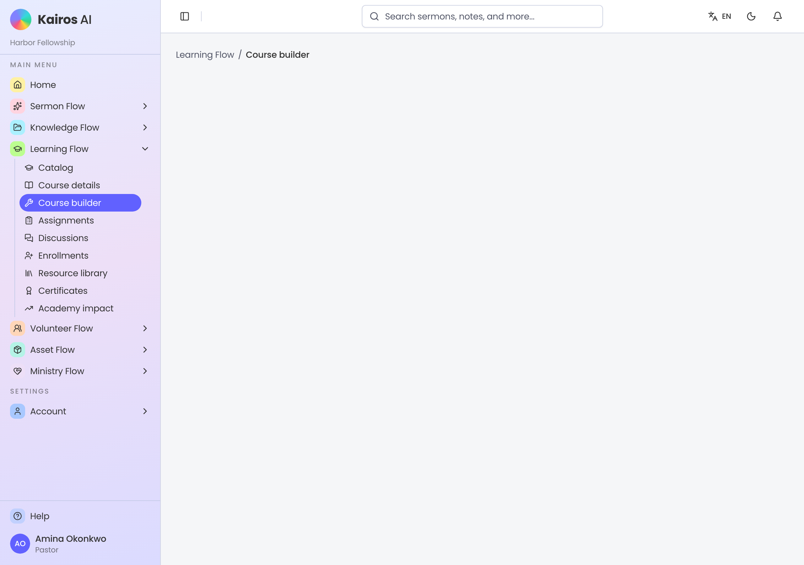 Course builder with syllabus modules and an AI partner panel.
