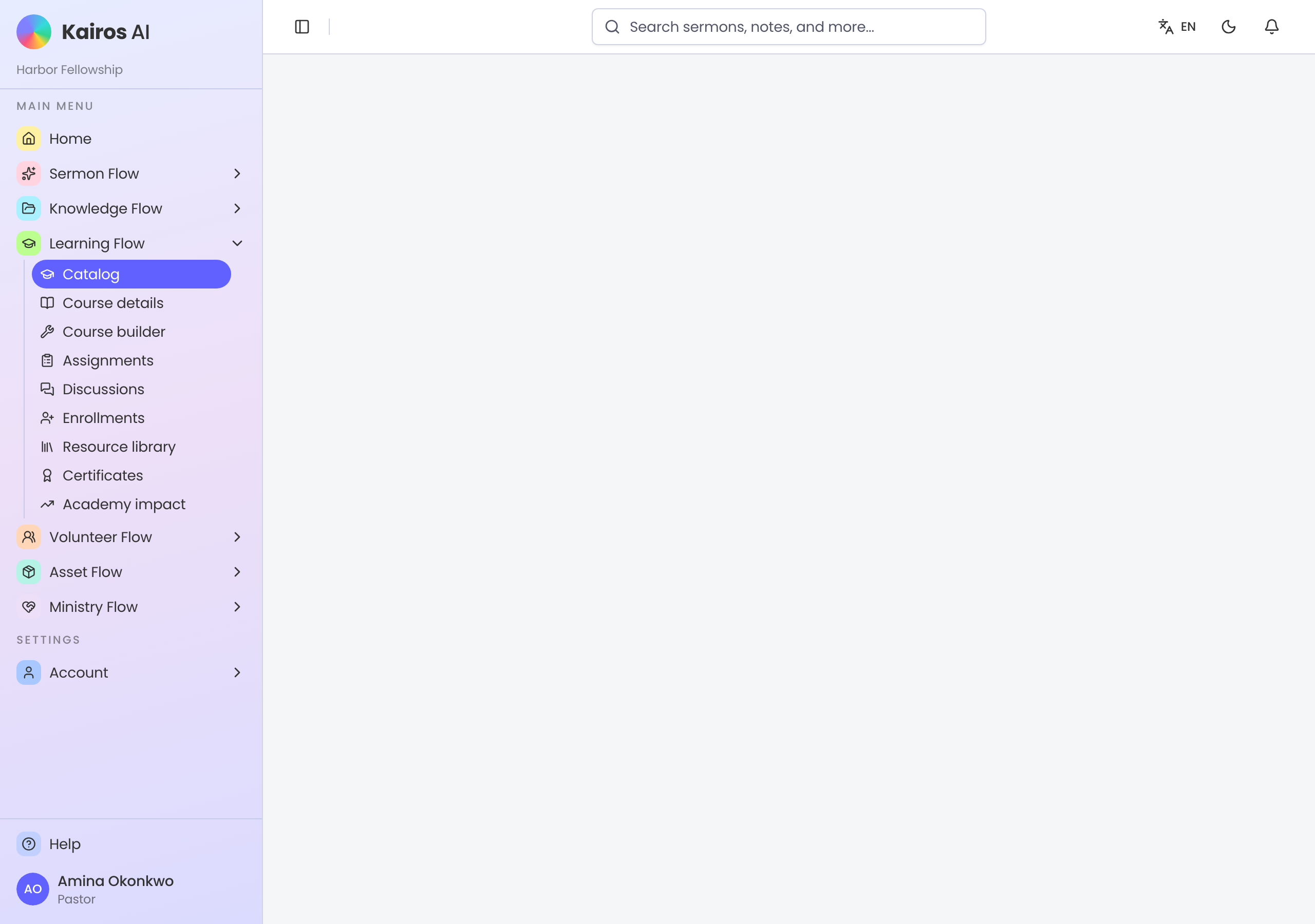 Learning Flow catalog with active programs and a course library.