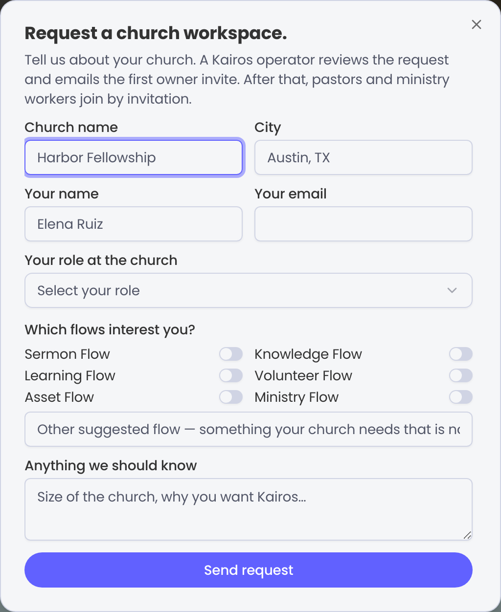 Request a church workspace dialog with church and owner fields.