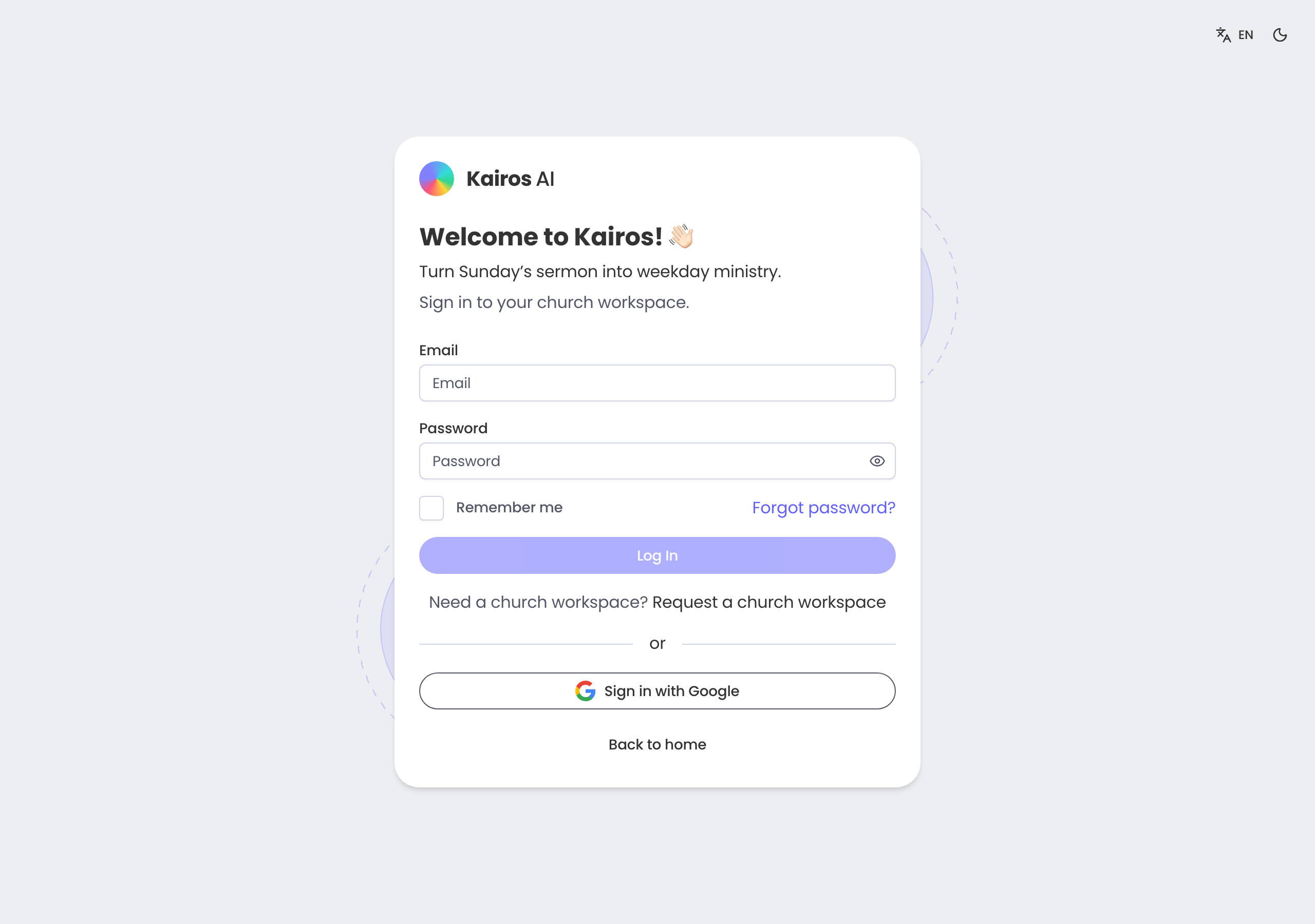Kairos sign-in page with email and password fields.