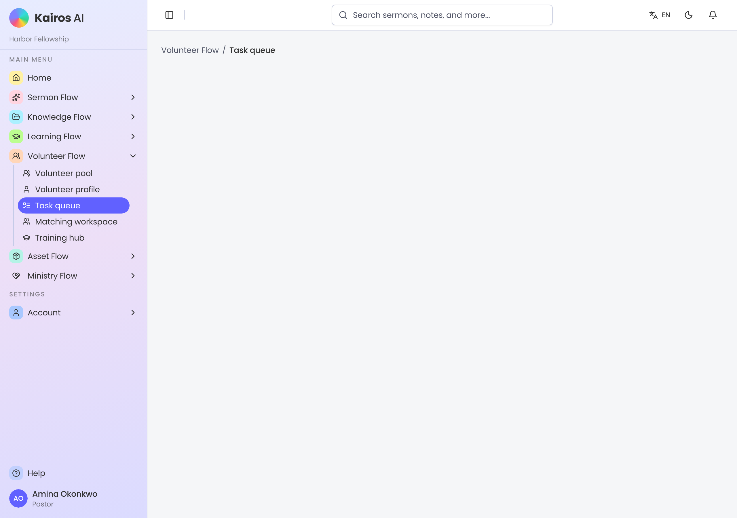 Task queue board with pending, active, and completed columns.